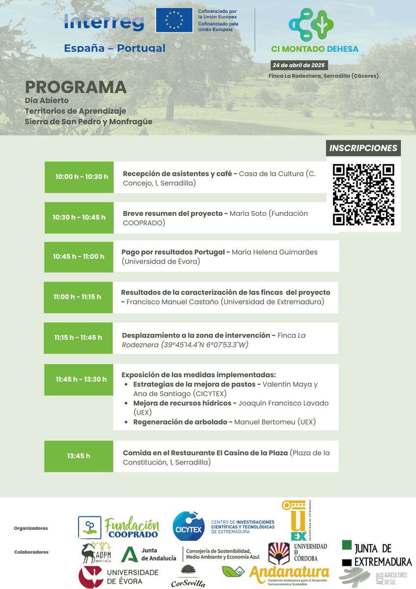 2️⃣4️⃣Abril➡Día abierto. Territorios de Aprendizaje Sierra de San Pedro - Monfragüe🌱
📍Casa de la Cultura de Serradilla
✅En el marco del Proyecto 🇪🇸🇵🇹CI MONTADO DEHESA
🔎Buscando conservar la #dehesa #montado a través de la cooperación y la innovación
ℹcicytex.juntaex.es/-/dia-abierto-…