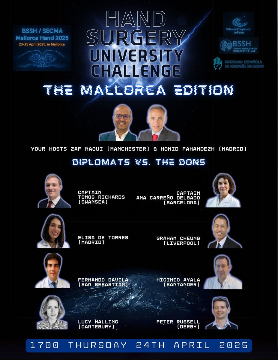 Join us in Mallorca on 24th April at 17:00 for the third edition of the Hand Surgery University Challenge - Diplomats vs. Dons

2017 saw the Diplomats win in Edinburgh
In 2022 the Dons took the trophy in London

Who will be the 2025 champs 🏆 

#MallorcaHand #HandSurgery
