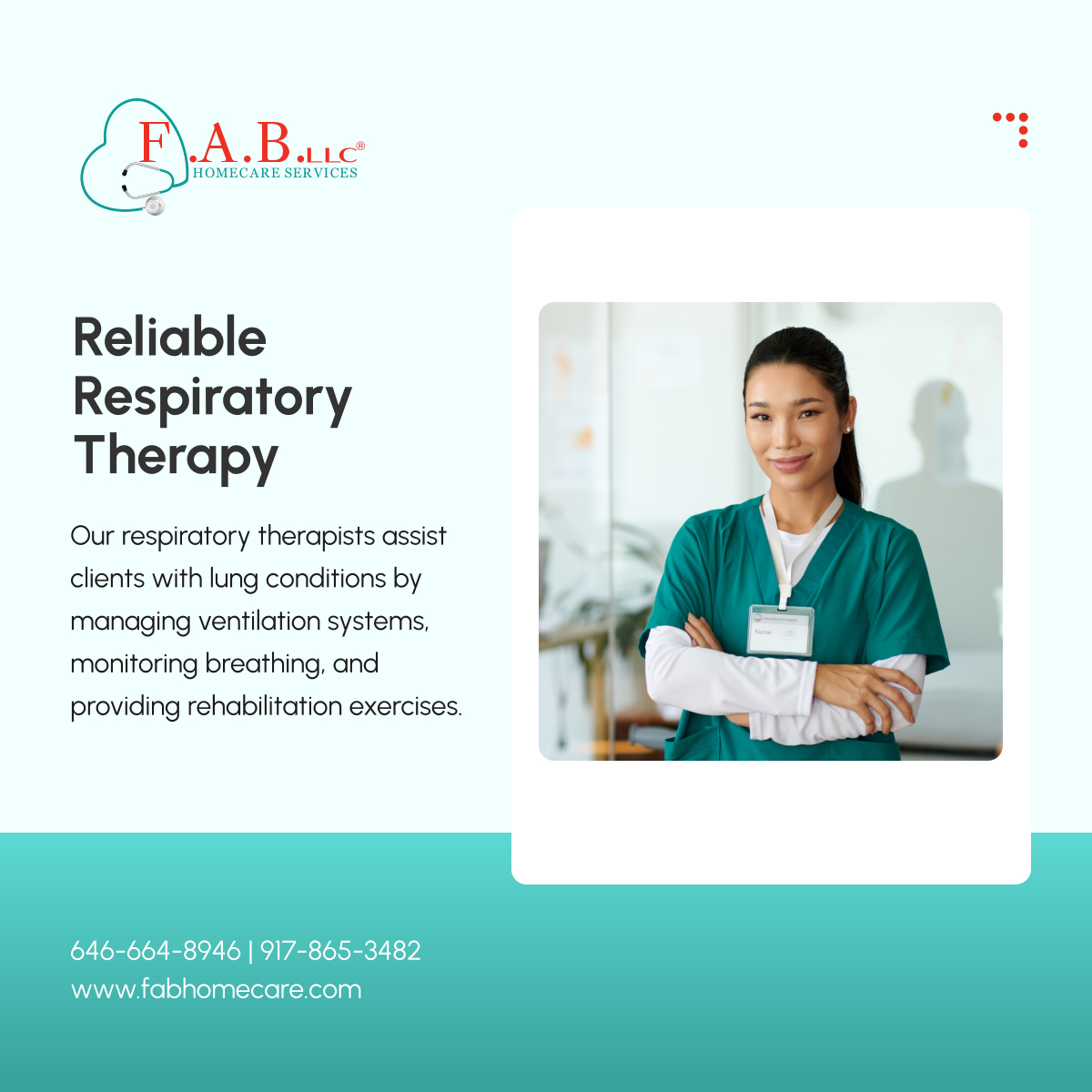 FABLLCHomecare's tweet photo. Breathing difficulties? Our respiratory therapists provide expert care to improve lung health and quality of life. Call us today!

#HomeHealthCare #NewYorkNY #RespiratoryCare https://t.co/LTHnCPG06t