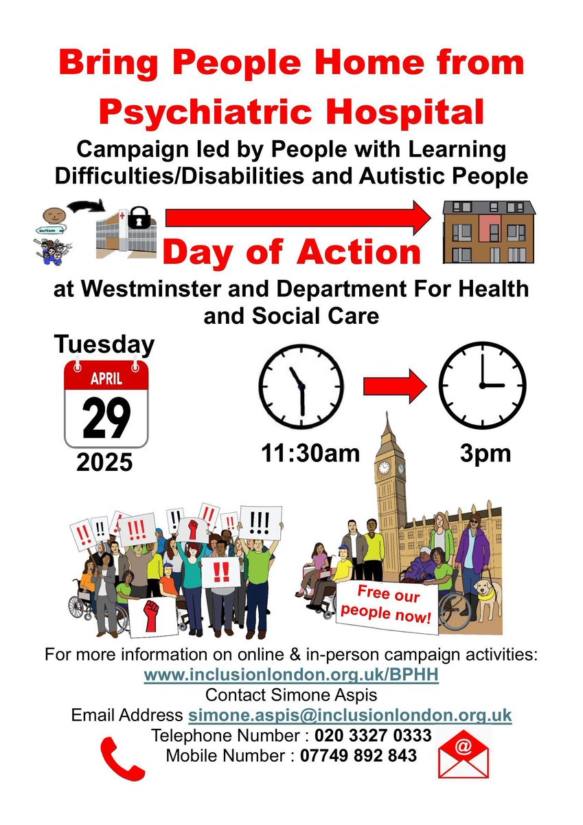Why are #BringPeopleHomeFromHospital holding a day of action on 29th April?

People with learning difficulties and autistic people demand:

1. A powerful and meaningful say on how to keep us out of psychiatric hospitals. Our voice is important to having a good life.
<a href="/SFAactive/">simone aspis</a>
