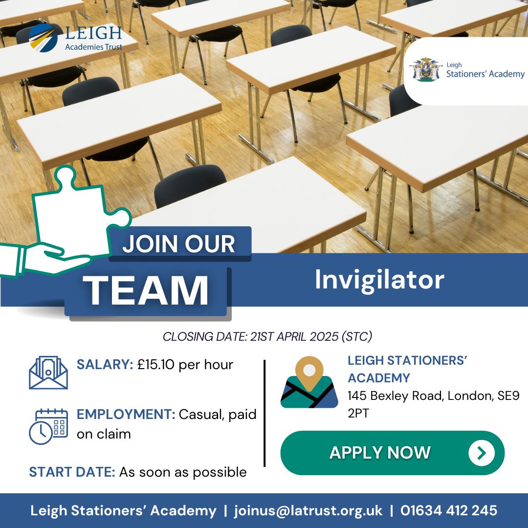 lat_careers's tweet image. Are you looking for a part-time role that offers flexibility and suits your current commitments? We are seeking to recruit Invigilators to join our existing team.

Click here to apply: jobtrain.co.uk/leighacademies…

#Invigilator #LATLife #LATCareers #Hiring #EducationJobs #SchoolJobs
