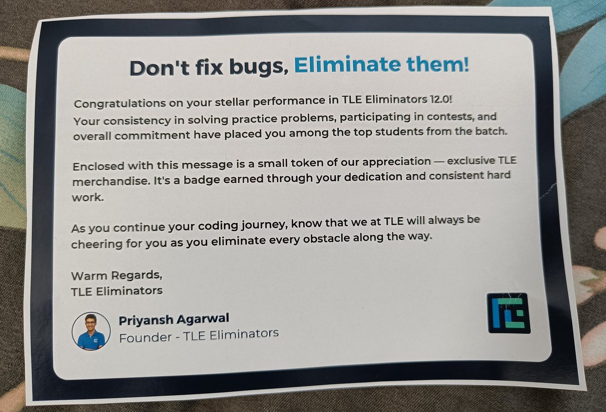 Priyanshu (@mr_tiger01) on Twitter photo 🚀 First tech merch unlocked!
Rocking my first-ever TLE Eliminators t-shirt for acing TLE 12 Level 3.
Huge shoutout to <a href="/Priyansh_31Dec/">Priyansh Agarwal</a> and the <a href="/TLE_Eliminators/">TLE Eliminators</a> team for the epic cp course - learnt a lot, levelled up on cf :
Newbie -> Specialist!
Thanks for this awesome swag! 😍 🚀 First tech merch unlocked!
Rocking my first-ever TLE Eliminators t-shirt for acing TLE 12 Level 3.
Huge shoutout to <a href="/Priyansh_31Dec/">Priyansh Agarwal</a> and the <a href="/TLE_Eliminators/">TLE Eliminators</a> team for the epic cp course - learnt a lot, levelled up on cf :
Newbie -> Specialist!
Thanks for this awesome swag! 😍
