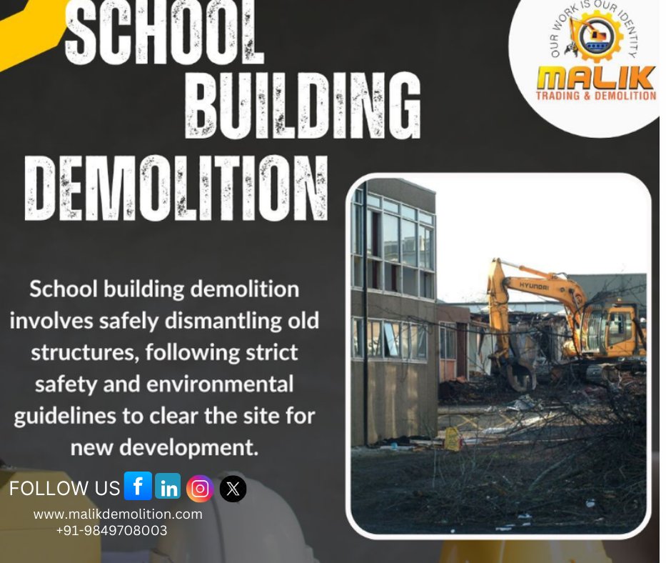 MalikDemoli96's tweet image. School building demolition involves safely tearing down old or unsafe school structures. It includes asbestos removal (if present), structural dismantling, and debris clearance.#SchoolDemolition
#BuildingDemolition
#DemolitionProject
#SafeDemo
#DemolitionWork
#SiteClearing