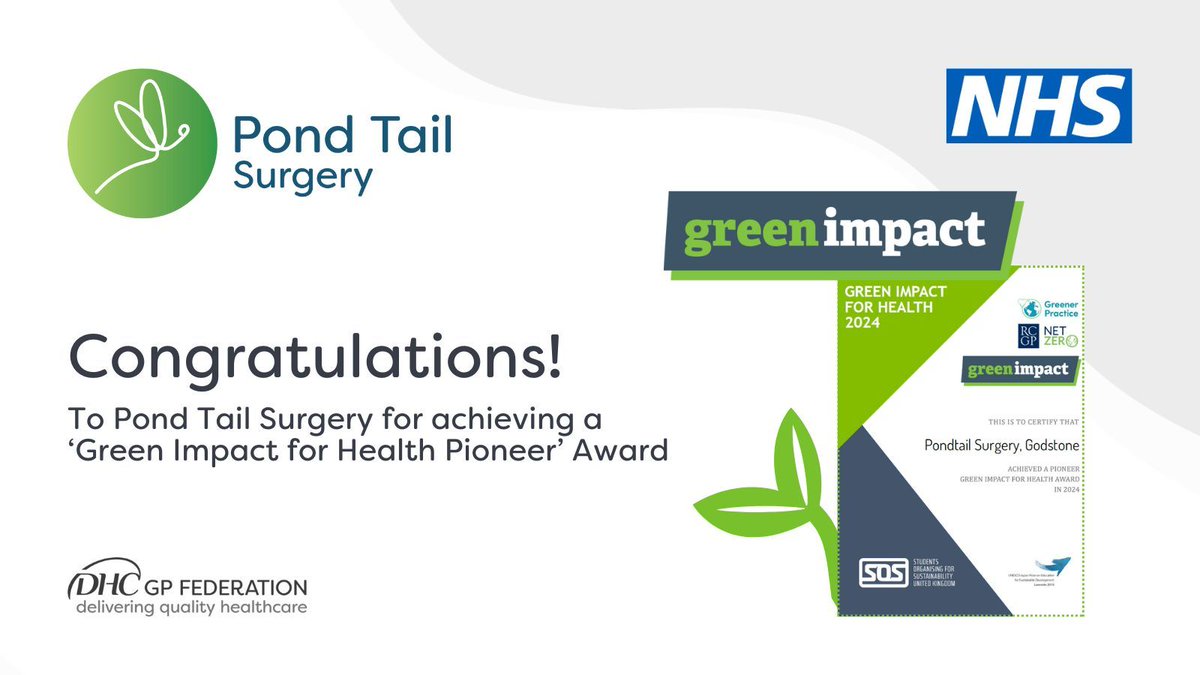 DHCFederation's tweet photo. At DHC, we are committed to reducing our carbon footprint and becoming more environmentally sustainable across the Federation.    

We're delighted to announce that Pond Tail Surgery in Godstone has achieved a Green Impact for Health 'Pioneer' Award! https://t.co/2zM5wFVBC9