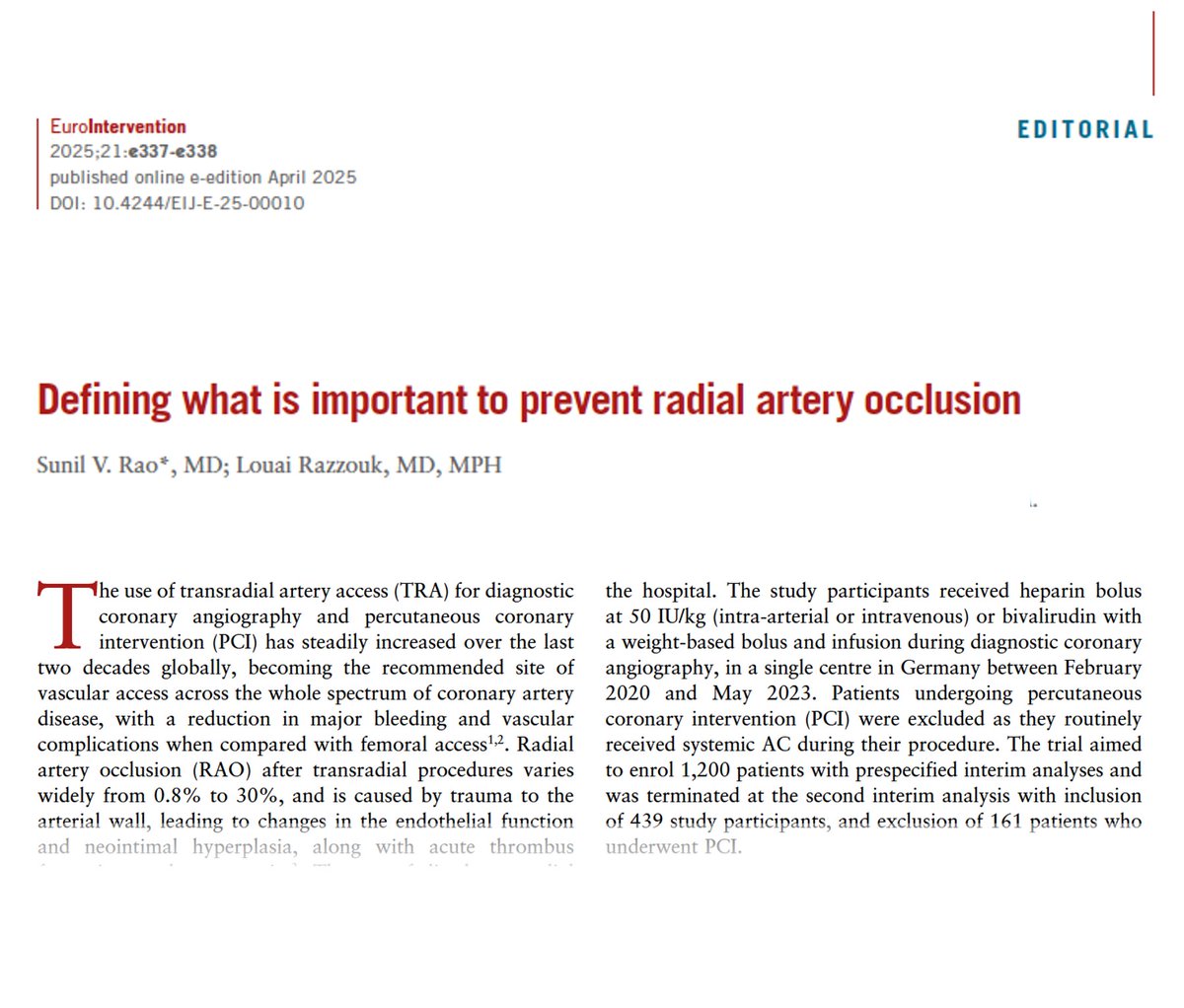 EuroIntervention (@eurointerventio) on Twitter photo In this editorial <a href="/SVRaoMD/">Sunil V. Rao</a> & <a href="/LouaiRazzouk/">Louai Razzouk, MD MPH</a> analyzed the RAPID trial findings, reinforcing that periprocedural systemic anticoagulation is essential to mitigate radial artery occlusion risk. Access site selection had no significant impact on RAO incidence.
ow.ly/iFZH50VArCX In this editorial <a href="/SVRaoMD/">Sunil V. Rao</a> & <a href="/LouaiRazzouk/">Louai Razzouk, MD MPH</a> analyzed the RAPID trial findings, reinforcing that periprocedural systemic anticoagulation is essential to mitigate radial artery occlusion risk. Access site selection had no significant impact on RAO incidence.
ow.ly/iFZH50VArCX