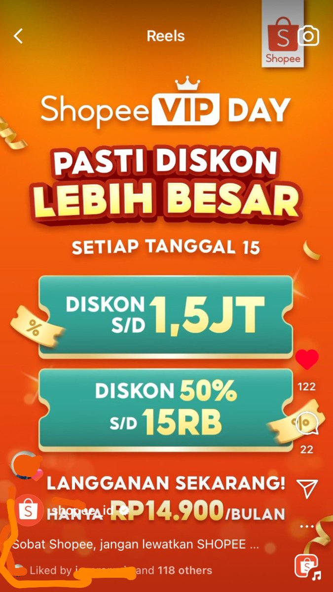 kayanya bakal lebih hemat kalau berlangganan ShopeeVIP deh karna dengan cuma bayar 14.900/bulan, kita bisa nikmatin berbagai macam diskon, ada Diskon 50% s/d 15rb, ada juga Diskon s/d 1,5jt. busetttt hemat bgt dah #ShopeeVIPDay