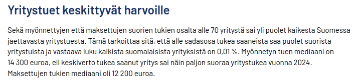 Ne firmat, jotka eivät tukea saa, joutuvat verojen kautta subventoimaan kilpailijaansa.

On mieletöntä, että yksikään valtapuolue ei suostu myöntämään, että yritystuet ovat kategorisesti jotain, mitä valtion ei kuuluisi tehdä. Järjestelmä ei kaipaa viilausta, vaan giljotiinia.