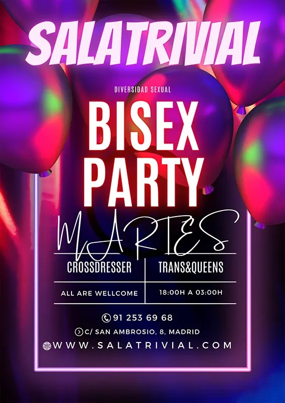 Hoy martes tenemos el día más hot de la semana 
Martes BISEX. 
Si en la puerta dices que vienes de Twitter, los chicos solos pagan 30€ con una copa y las parejas 20€ con 2 copas. 
Las chicas solas están invitadas a 1 copa.
Calle San Ambrosio 8. De 18 a 2 madrugada.