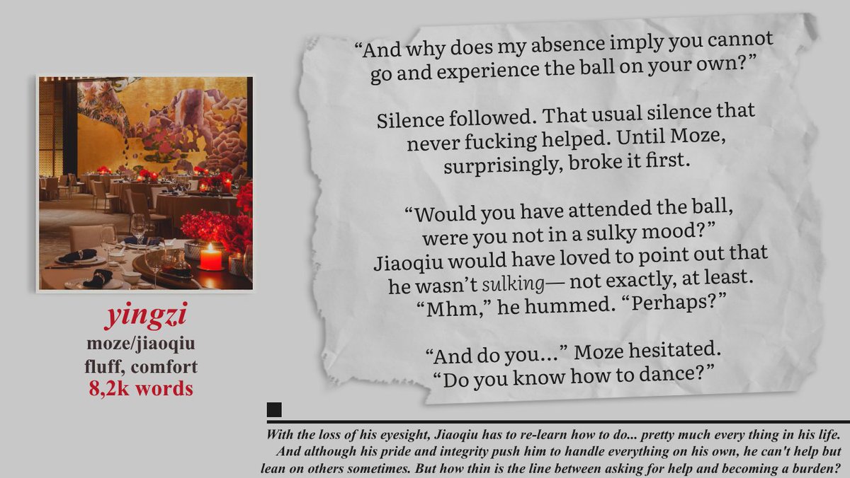 【 #mozeqiu 】
📝 ao3.org/works/63959701
🌸 <a href="/mozeqiubang/">Mozeqiu Bang | Posting Complete!</a> 
Losing his eyesight means Jiaoqiu has to re-learn how to do everything. Though his pride pushes him to handle it on his own, he must rely on others sometimes. How thin is the line between this and becoming a burden?

⬇