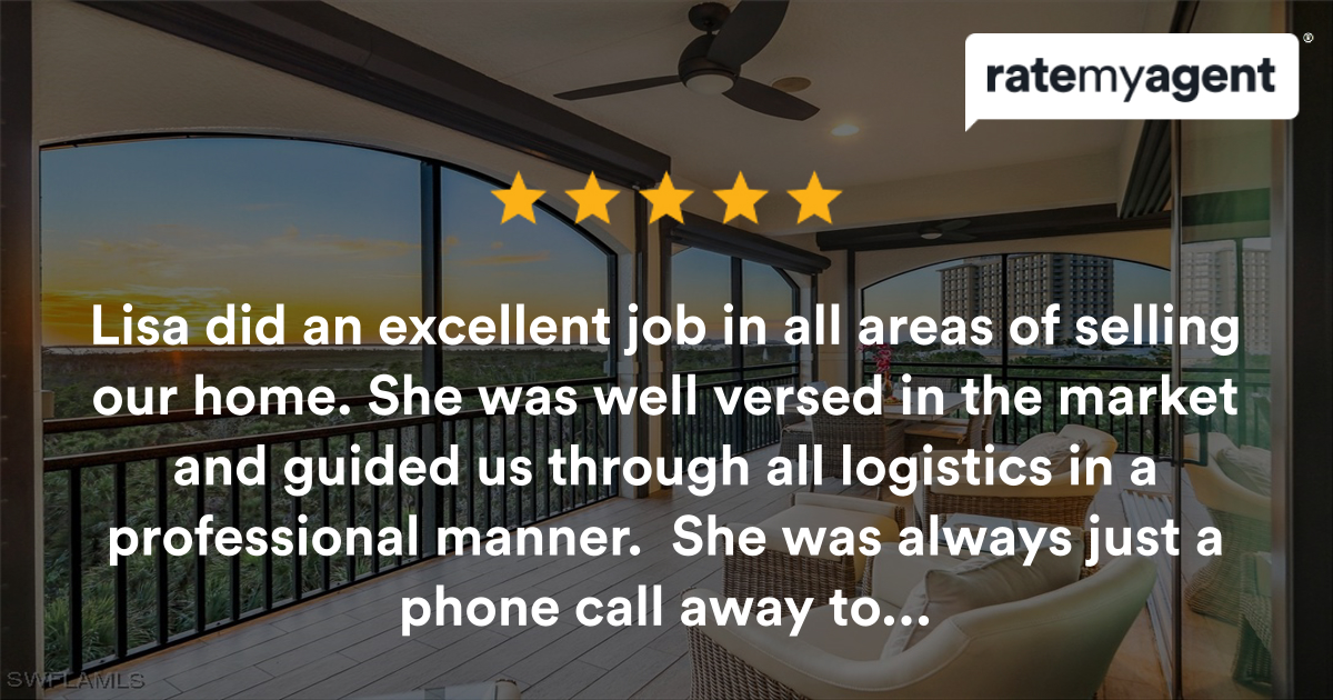 LisaSellsSWFL's tweet photo. My latest RateMyAgent review in Bonita Springs.

https://t.co/aRax4gRNsX

...
#ratemyagent #realestate #BHHS_Florida_Realty https://t.co/99fNdqg6HN