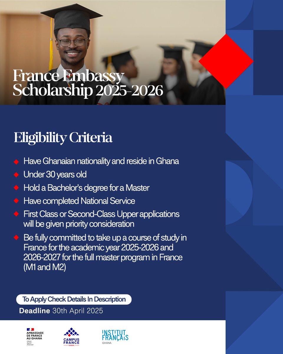 CampusFranceGH's tweet photo. 🎯 The countdown is on - only 15 days to go!

This is your chance to make your dream of studying in France a reality — with a fully funded Master’s scholarship from the French Embassy in Ghana.

Don’t wait till the last minute — apply now!
🔗Apply here: https://t.co/qPOsgOqPK0 https://t.co/Dh3FtBz9AI