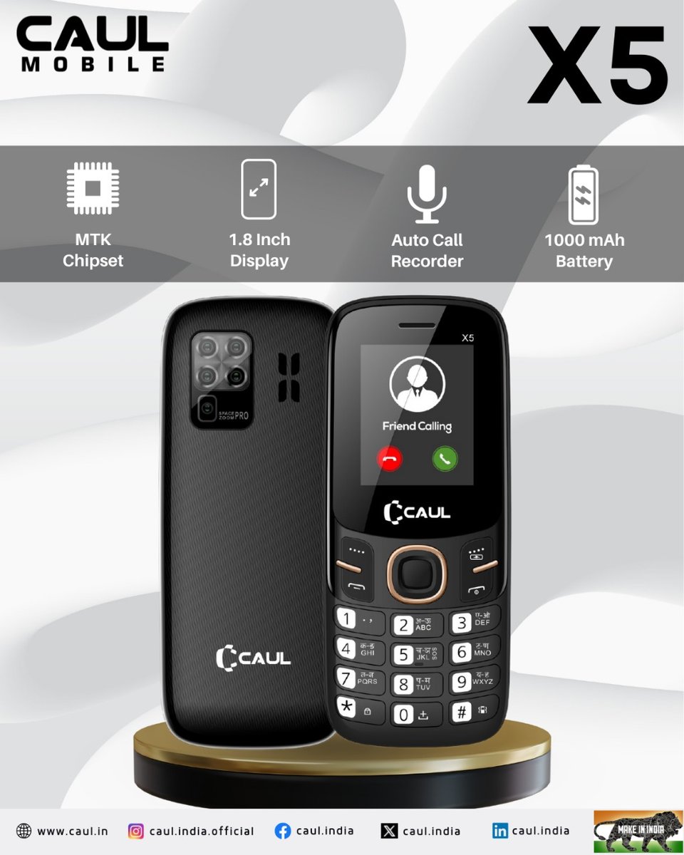 CaulIndia's tweet image. CAUL X5: Smart features, simple connection! MTK, 1.8&quot; display, auto call recorder, 1000mAh battery. Easy communication, essential features

📞 For inquiries, call +91-9990330058

#CaulMobile #X5 #SmartFeatures #MTKChipset #1.8InchDisplay #AutoCallRecorder