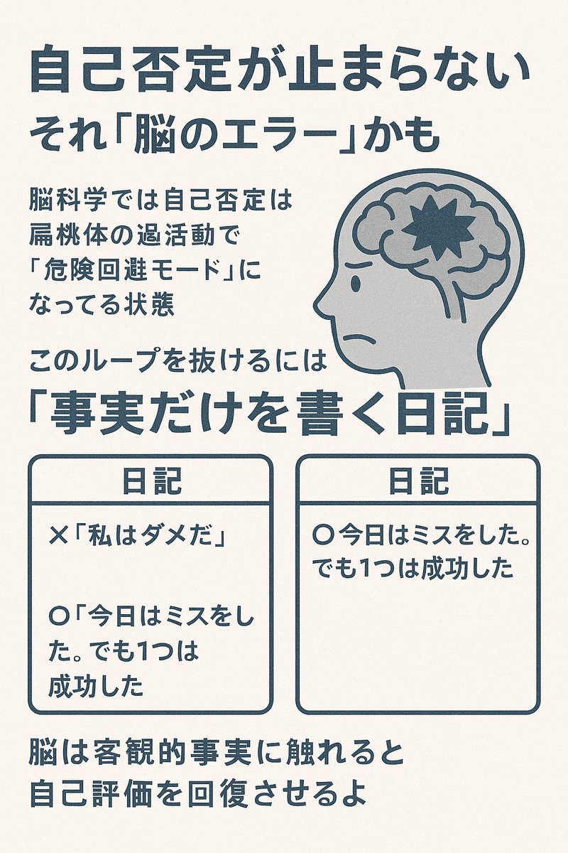 takuyasensei's tweet photo. 自己否定が止まらない？
それ「脳のエラー」かも

脳科学では自己否定とは扁桃体の過活動で「危険回避モード」になってる状態。
このループを抜けるには

「事実だけを書く日記」

例
×「私はダメだ」
○「今日はミスをした。でも1つは成功した」

脳は客観的事実に触れると自己評価を回復させるよ。 https://t.co/g4n5ilQokc