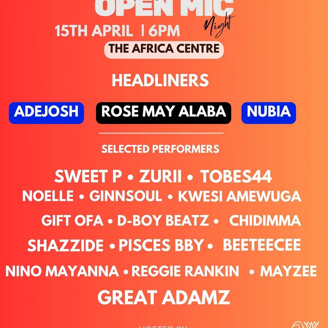 maytopians's tweet image. TONIGHT at 6PM!
@rosemayalaba is live at the Afrofusion Open Mic Night, @theafricacentre — brought to you by SMADE ENTERTAINMENT
London, don’t miss this heat. It’s giving energy, vibe, and pure talent!

#RoseMayAlaba #Afrofusion #SMADE #OpenMicNight #LondonEvents #TheAfricaCentre