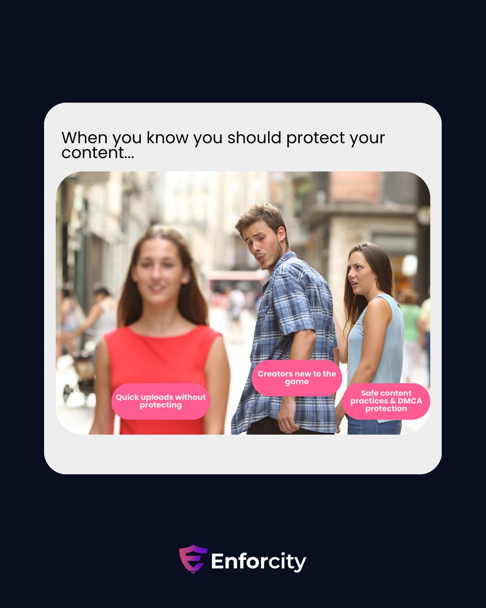 Enforcitycom's tweet photo. When you know you should protect your content...
But the thrill of posting unprotected feels ✨faster✨.

That’s exactly how pirates win.

Don’t fall for the distraction.
Be found the way you want to be seen — with Enforcity.

#ContentProtection #StopContentTheft #DMCAProtection https://t.co/iHmKaHqV7n