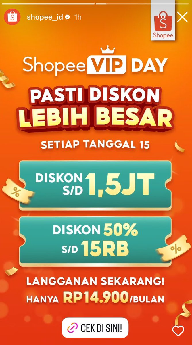 SteveIkemen's tweet photo. Belum gajian? Gak masalah!
Tanggal 15 mah waktunya ShopeeVIP kasih diskon s/d 1,5 JUTA san diskon 50% s/d 15 RIBU! 
Langganan cuma Rp14.900 doang sebulan~
#ShopeeVIPDay https://t.co/c7pAoYnKR3