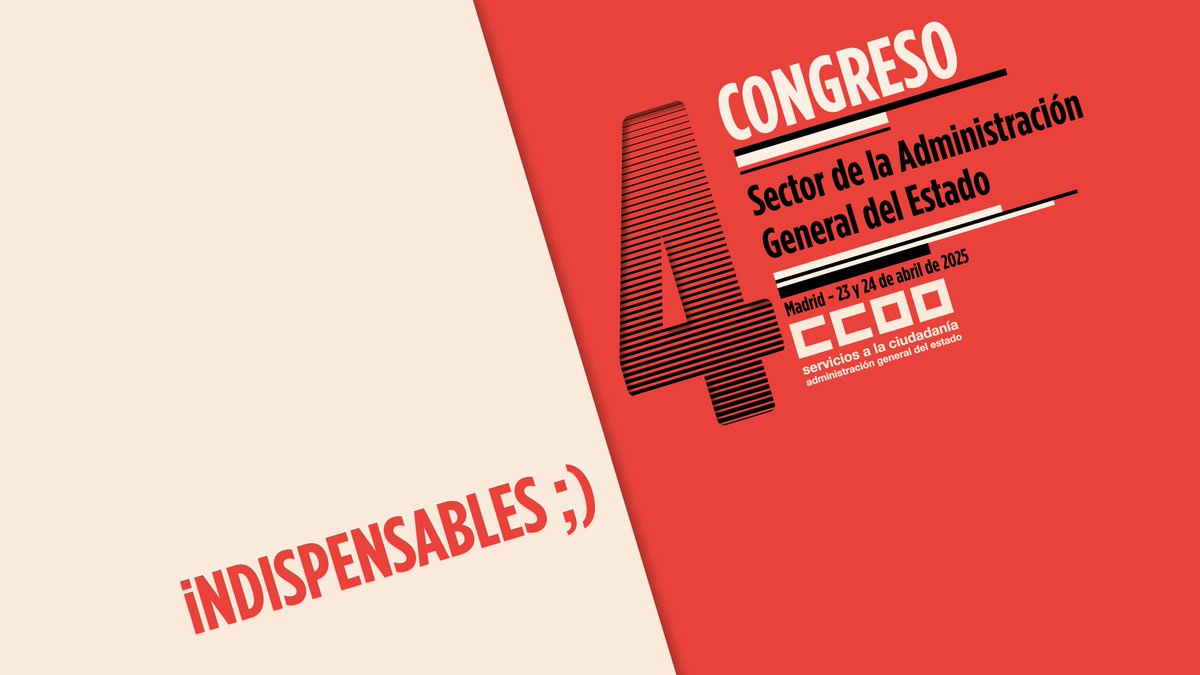 Los días 23 y 24 de abril celebramos nuestro 4º Congreso del Sector Administración General del Estado en Madrid. El sector público es clave en los servicios esenciales de la ciudadanía. Un Congreso para una mejor organización y dirección, para que <a href="/CCOO/">COMISIONES OBRERAS</a>  avance//<a href="/FSCdeCCOO/">FSC-CCOO</a>