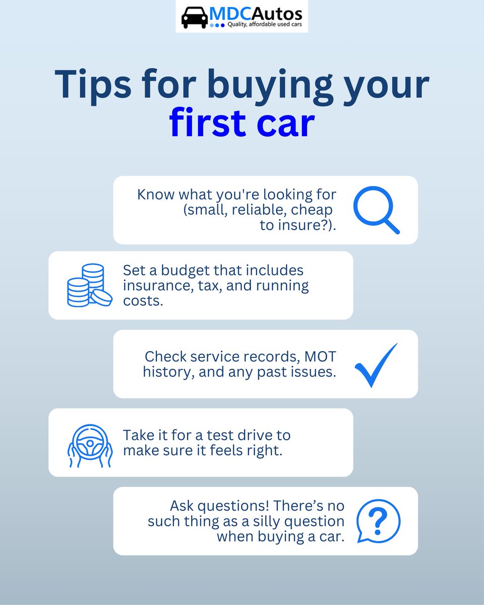 MDCAutosChorley's tweet image. Thinking about buying your first car? Here are a few simple tips to help you out.

Need help or advice? Pop into MDC Autos – we’re happy to chat and help you find the right one! 😊

mdc-autos.co.uk

#NewCarTips #NewDriverTips #FirstCar #MDCAutos #CarFinance #UsedCars