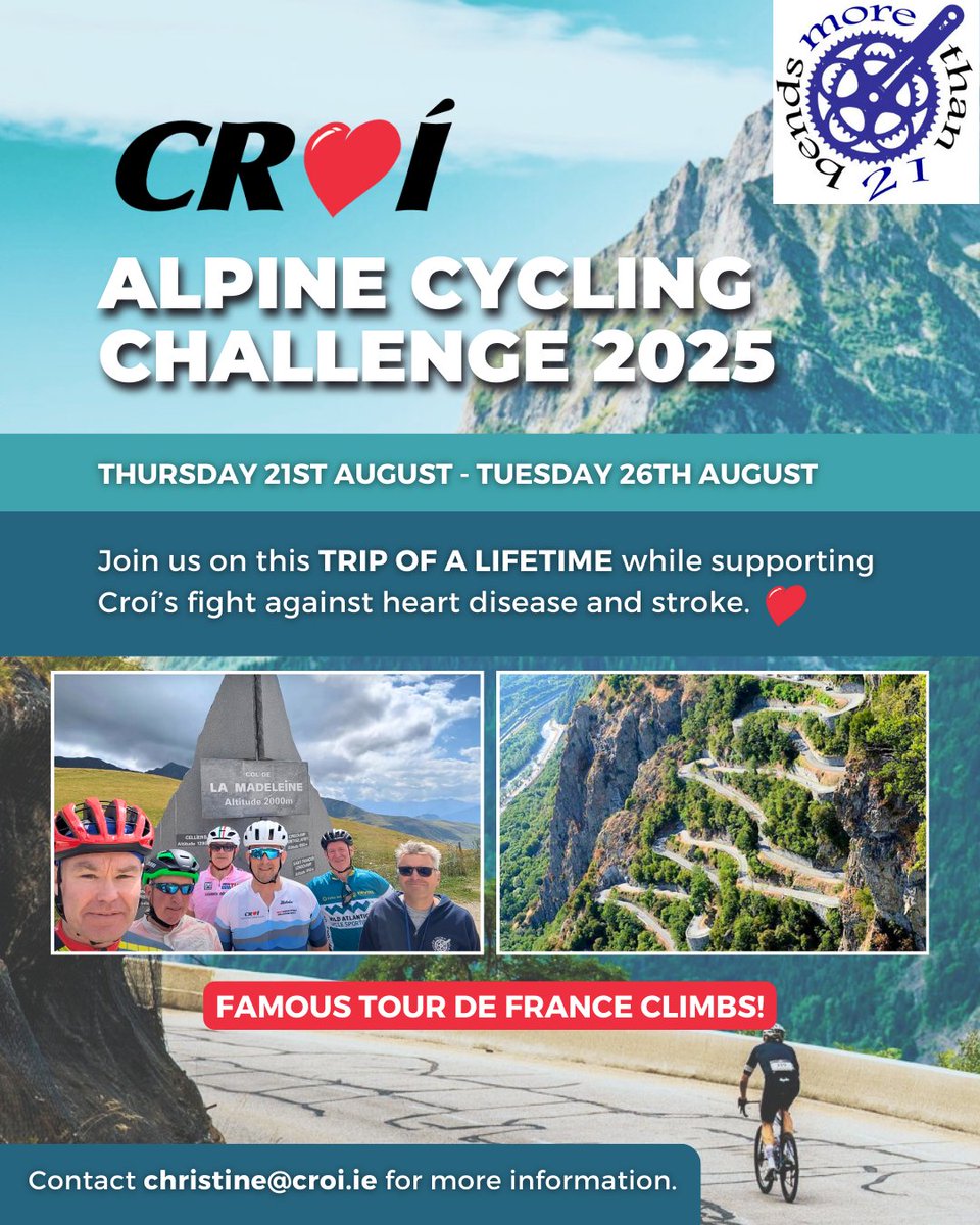 Croí Heart & Stroke (@croiheartstroke) on Twitter photo Join us for the cycling experience of a lifetime in the French Alps this August & support Croí’s lifesaving work! 🚴♂️
🗓Thursday, 21st - Tuesday, August 26th, 2025.
More information: croi.ie/alpinecyclingc…
🎥 youtu.be/wtVBsbUU-gg?si…
#AlpineCyclingChallenge <a href="/morethan21bends/">morethan21bends</a> Join us for the cycling experience of a lifetime in the French Alps this August & support Croí’s lifesaving work! 🚴♂️
🗓Thursday, 21st - Tuesday, August 26th, 2025.
More information: croi.ie/alpinecyclingc…
🎥 youtu.be/wtVBsbUU-gg?si…
#AlpineCyclingChallenge <a href="/morethan21bends/">morethan21bends</a>