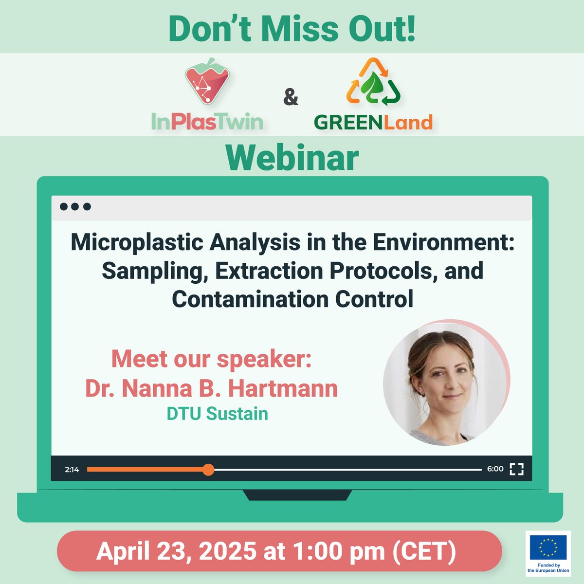 📢 Meet our speaker, Dr. Nanna Hartmann is the InPlasTwin team leader at DTU Sustain, specializing in the environmental fate and effects of plastic pollution.

⏰ April 23, 2025 13:00 PM - 14:30 PM CET
 📌Save your spot: lnkd.in/dcR-g7qB
 
 #ResearchImpactEU #HorizonEurope