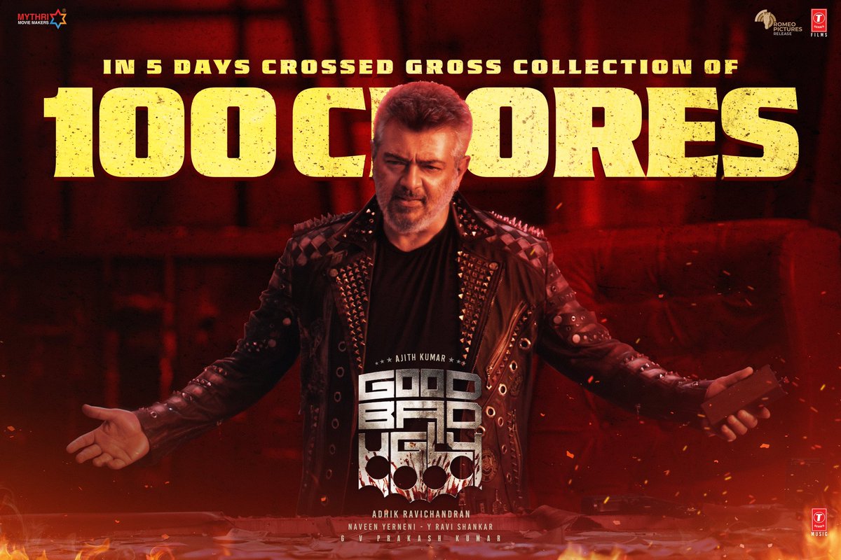 100 Crores Collection in 5 days in Tamil Nadu alone for the one and only King Maker 👑

Book your tickets now 🎟️

#AjithKumar #GoodBadUgly
