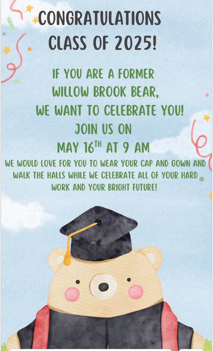 WBESbears's tweet image. Attention all Willow Brook Bears!!! We want to celebrate with you on May 16th!! 🐻👑