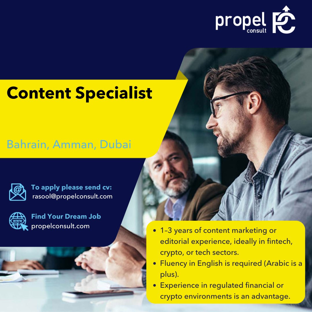 PropelConsult's tweet photo. Job Opening: Content Specialist in Bahrain, Amman, Dubai.

If you're interested in this opportunity, please send your updated resume to rasool@propelconsult.com

#jobs #hiring #bahrain #bahrainjobs #amman #dubai #dubaijobs #propel #propeljobs https://t.co/tTUsi7gUVS