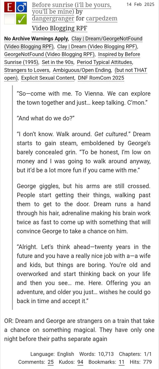 Before sunrise (i'll be yours, you'll be mine)

⇢rated Teen And Up Audiences 

Set in the 90s | Period Typical Attitudes | Strangers to Lovers | Ambiguous/Open Ending

⇢10.700 Words
⇢1/1 Chapters

⇢archiveofourown.org/works/63058726