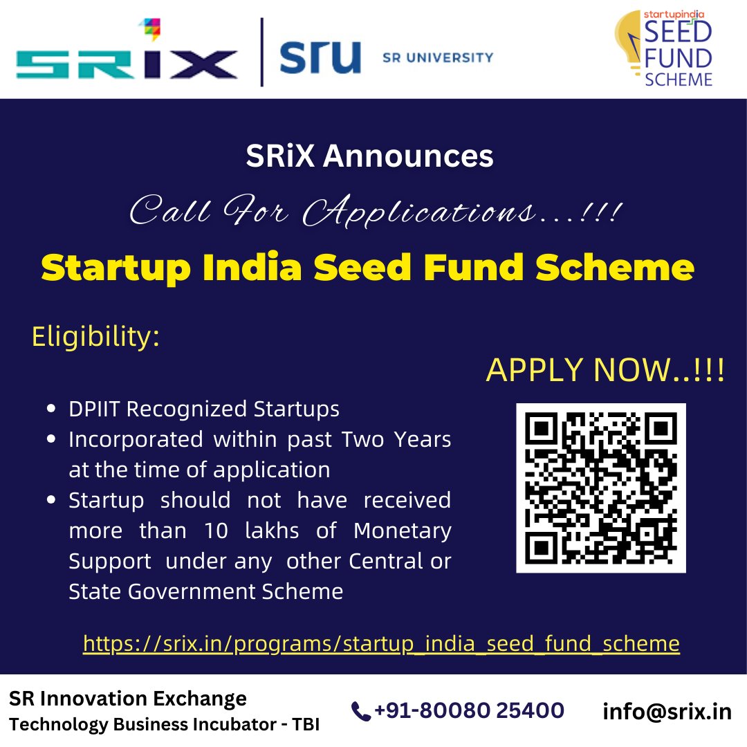 srixincubator's tweet image. SRiX invites applications for the Startup India Seed Fund Scheme (SISFS).
.
Apply Here srix.in/programs/start…