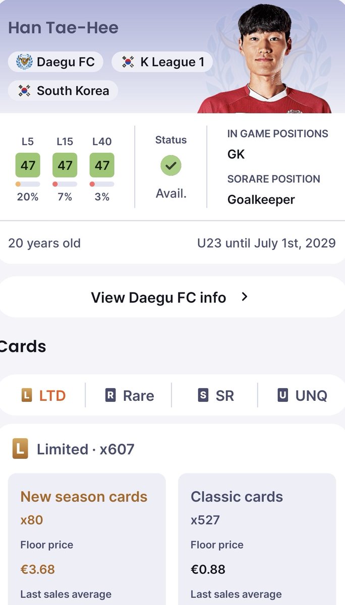 sorare__journey's tweet photo. A new, young keeper in town! 🇰🇷
Han #TaeHee first started last weekend, but with a new manager traveling to #Daegu remains to be seen who will be #1 🧤
Interesting profile, #U23 until 2029! We keep the eyes open and the wallet ready 🔍
#Sorare #KLeague https://t.co/TxdDkExarY