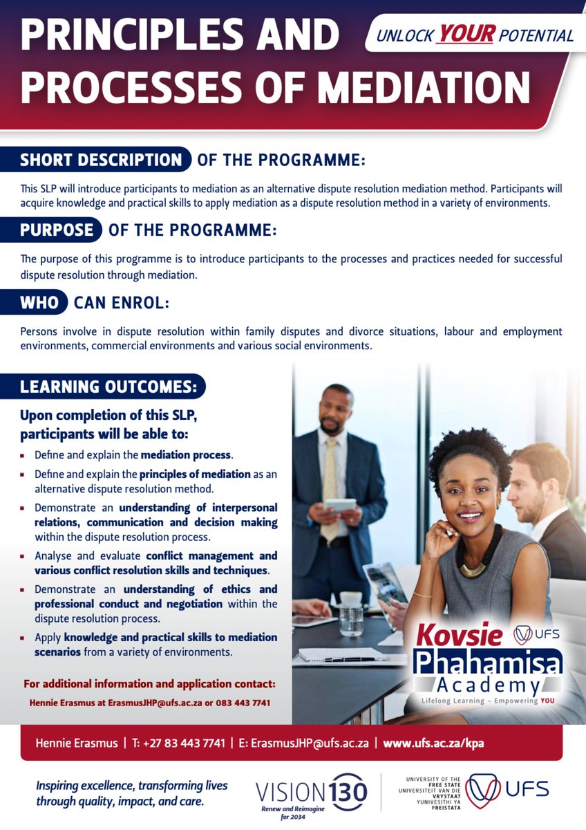 UFS (@ufsweb) on Twitter photo The University of the Free State will be offering the Principles and Processes of Mediation Short Learning Programme from 12 May until 18 July 2025
For more information, contact Hennie Erasmus: ErasmusJHP@ufs.ac.za.
#ShortLearningProgramme | #SkillsForSuccess The University of the Free State will be offering the Principles and Processes of Mediation Short Learning Programme from 12 May until 18 July 2025
For more information, contact Hennie Erasmus: ErasmusJHP@ufs.ac.za.
#ShortLearningProgramme | #SkillsForSuccess