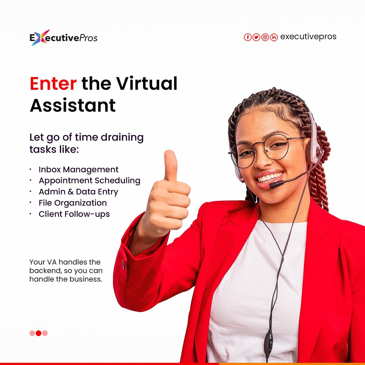 executivepros_'s tweet photo. A Virtual Assistant takes care of repetitive tasks so you can focus on scaling and serving.
Letโs get you back to doing what only YOU can do. DM โVAโ and weโll match you with your perfect assistant.
#EntrepreneurTime #HireAVirtualAssistant #SmartDelegation #executivepros https://t.co/7oDivG3Yda