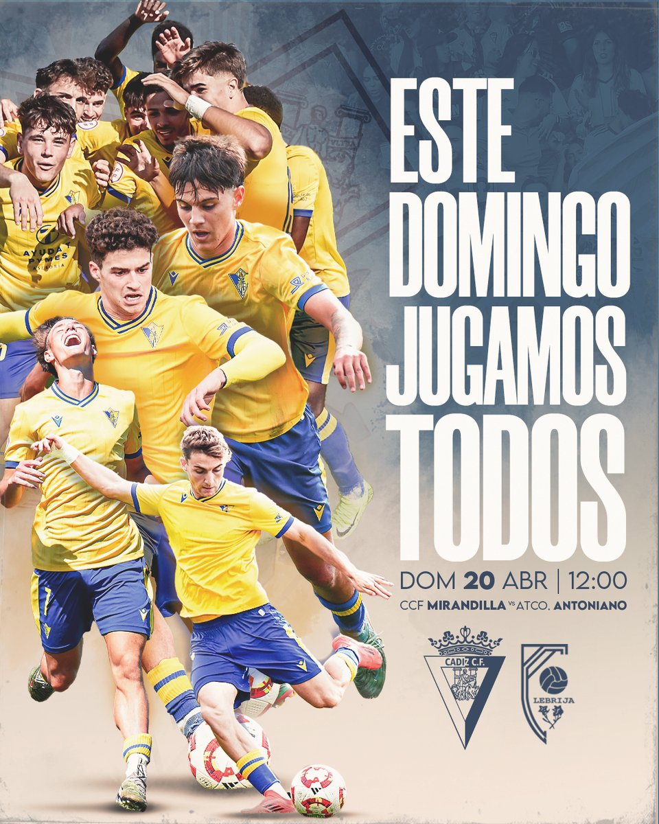 💛💙 𝑬𝒔𝒕𝒆 𝒅𝒐𝒎𝒊𝒏𝒈𝒐 𝒋𝒖𝒈𝒂𝒎𝒐𝒔 𝒕𝒐𝒅𝒐𝒔

El #Mirandilla se la juega en la jornada 32 ante el Atlético Antoniano... ¡Y necesita vuestro apoyo más que nunca! 🫵

🪪 Los socios deben activar su abono en 👉mirandilla.cadizcf.com

👊 ¡Nos vemos en la grada, cadistas!