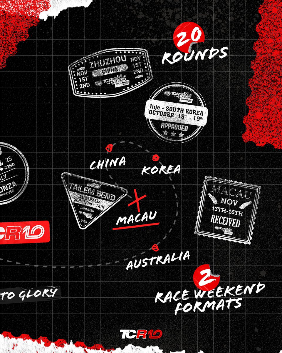 Get you passport ready, it’s stamp season 🎫

8 countries. 8 circuits. 8 stamps… 1 World Tour. 🏁  

🇲🇽🇪🇸🇮🇹🇵🇹🇦🇺🇰🇷🇨🇳🇲🇴🔜

Will you collect them all? 🏆  

#TCRWorldTour