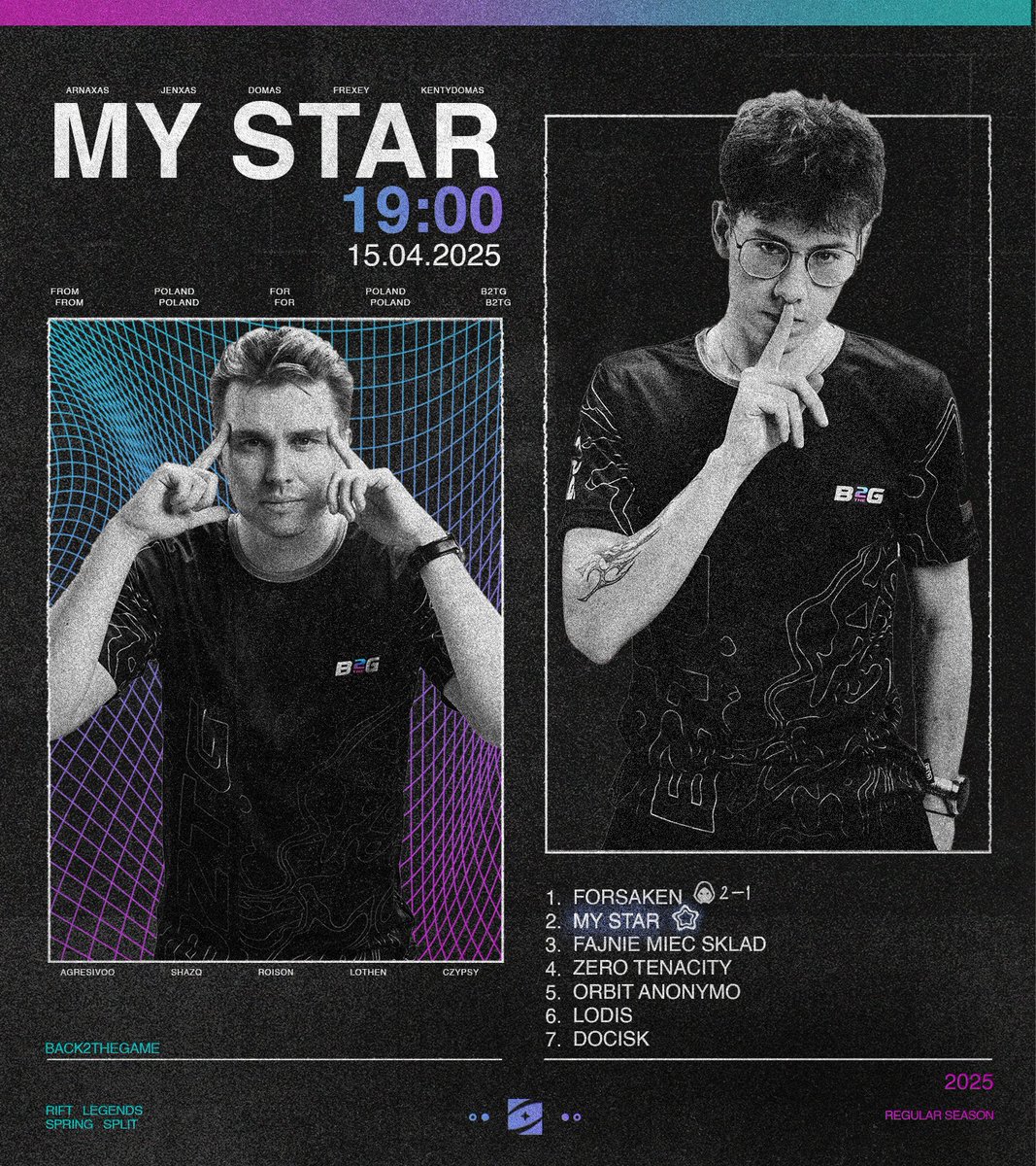 Pierwszy krok nie był idealny, ale nie zamierzamy się zatrzymywać🔥

Dziś o 19:00 wracamy na Rifta na żelazną (😉) formację - My Star
Czas podkręcić tempo i wrócić z przytupem, niech <a href="/RiftLegendsPL/">Rift Legends</a>  zapłonie💪

#B2TG #TheComebackStartsHere #LeagueOfLegends #nervalol