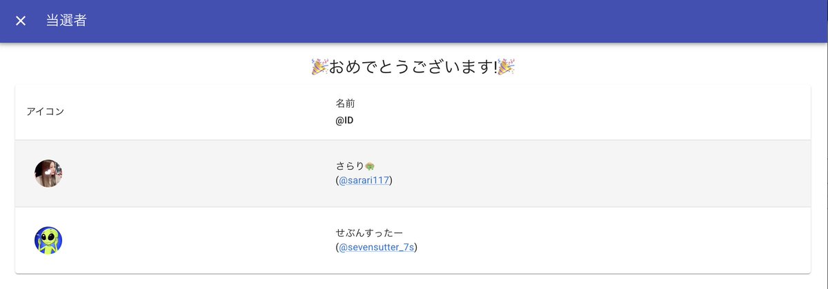 ╭━━━━━━━━━━━━━╮
　　　 🎉当選者発表①④🎉
╰━━━━━━ｖ━━━━━━╯
✨おめでとうございます✨

🎁スタバチケット500円分 🎁
▸▸<a href="/sarari117/">さらり👒</a>様
▸▸<a href="/sevensutter_7s/">せぶんすったー</a>様

📩 このアカウントからDMします！