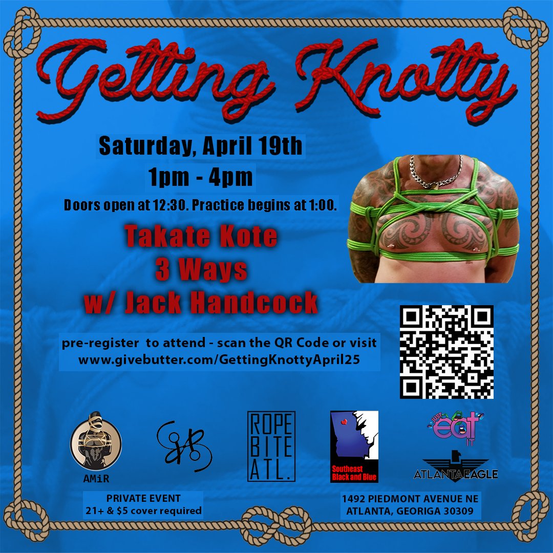 JackHandcockAtl's tweet photo. Getting Knotty at the Atlanta Eagle this Saturday. Don't forget to pre-register. https://t.co/uXUZsmNNLJ https://t.co/bmQFOYE9Ms