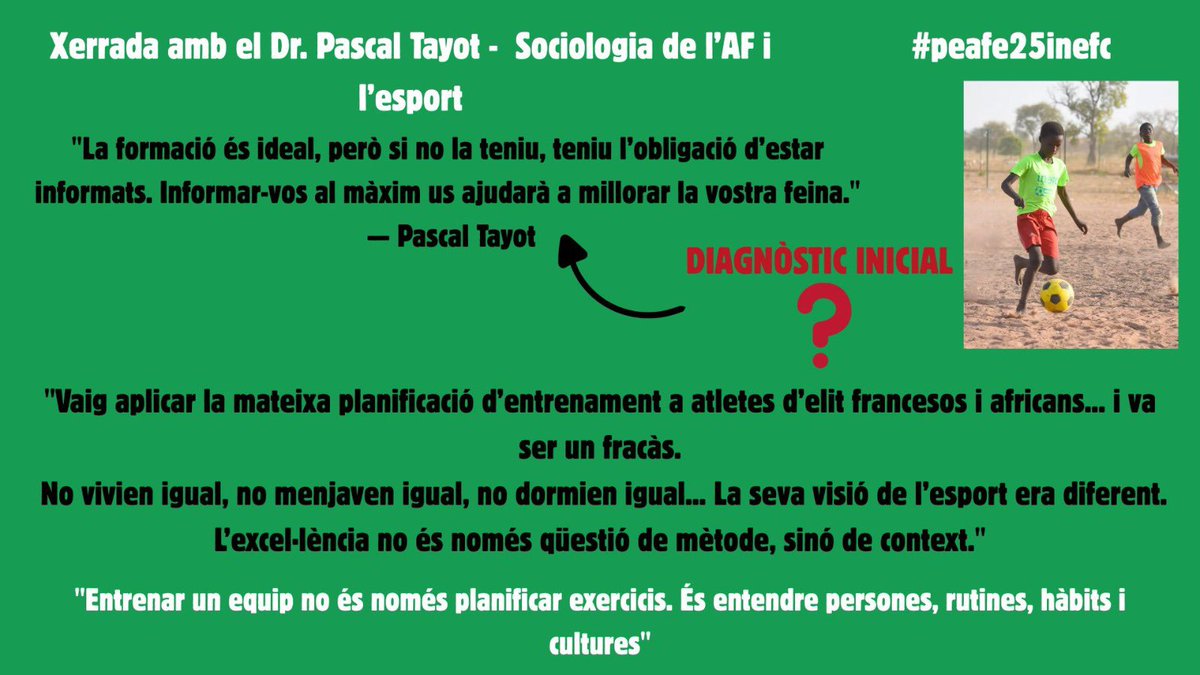 💬 A la xerrada amb el Dr. Pascal Tayot hem reflexionat sobre com entrenar equips diversos i entendre realitats culturals, socials i personals molt diferents. 💡🌍

➡️ I com tot això afecta directament la nostra manera de programar l’AF i l’esport.

#peafe25inefc <a href="/MMonguillot/">Meritxell Monguillot</a>