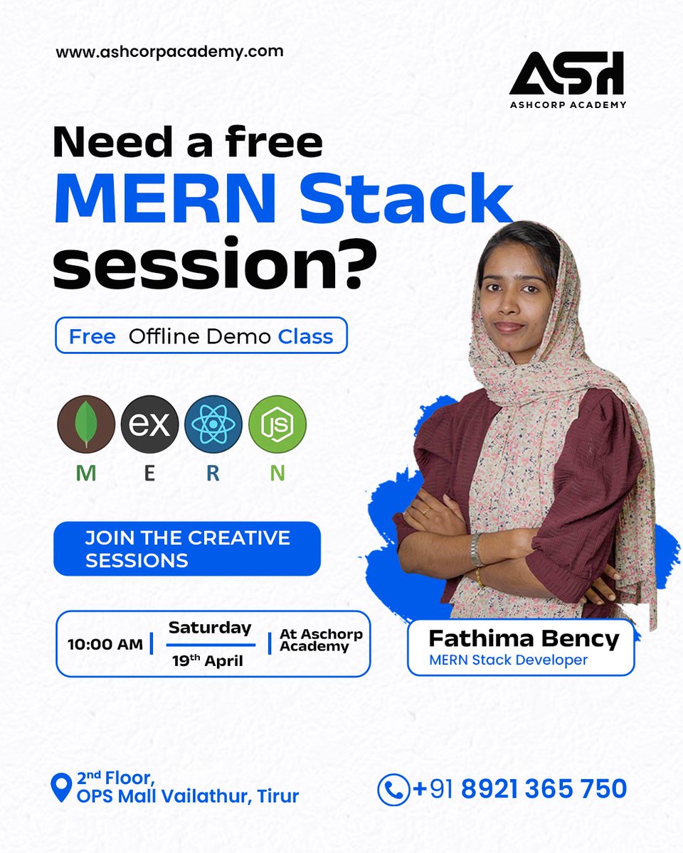 ash_corp_'s tweet photo. Ready to dive into the world of web development?

Join our FREE Offline Demo Session on the MERN Stack – the powerful combination of MongoDB, Express.js, React.js, and Node.js 💻✨

#MERNStack #WebDevelopment #ReactJS #NodeJS #MongoDB #ExpressJS #AshcorpAcademy #FreeDemoClass https://t.co/TkMDiApemY