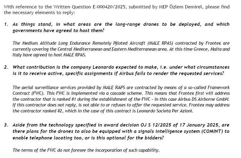 matthimon's tweet image. Important clarification from #Frontex regarding drones:
Only if #Airbus and #IAI do not meet the required criteria, #Leonardo will be considered as contractor no. 2. This was also widely misunderstood with #Elbit, who is NOT operating for the agency.
europarl.europa.eu/doceo/document…