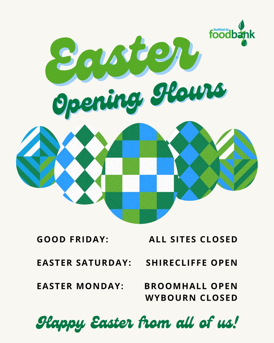 An update on our opening days over the #Easter weekend 🐰🐣

All sites are closed on #GoodFriday, with Shirecliffe opening on Saturday 11-1. 

On #EasterMonday, our Broomhall foodbank is open  10.30-12, but Wybourn is closed.

#HappyEaster #Foodbanks #Sheffield