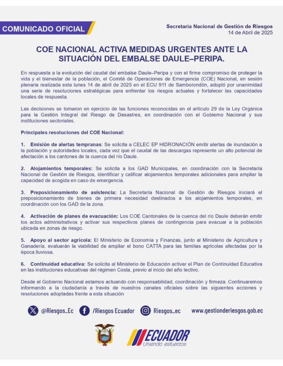 NuevoTiempoCue's tweet image. 🚫#URGENTE🚫 
El #COE Nacional activó medidas urgentes ante posibles riesgos por el incremento del #embalse #Daule - #Peripa, entre ellos se contempla planes de evacuación.