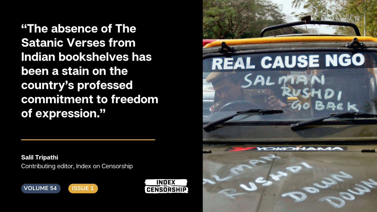 IndexCensorship's tweet photo. Salman Rushdie's #TheSatanicVerses were banned in #India for 4 decades until last year when a fluke error meant that the original ban order was lost. Read @saliltripathi's piece on how despite the ban lifting, the book remains absent from bookshelves: https://t.co/Pi6vXUmHiQ https://t.co/VPYsPGebQT