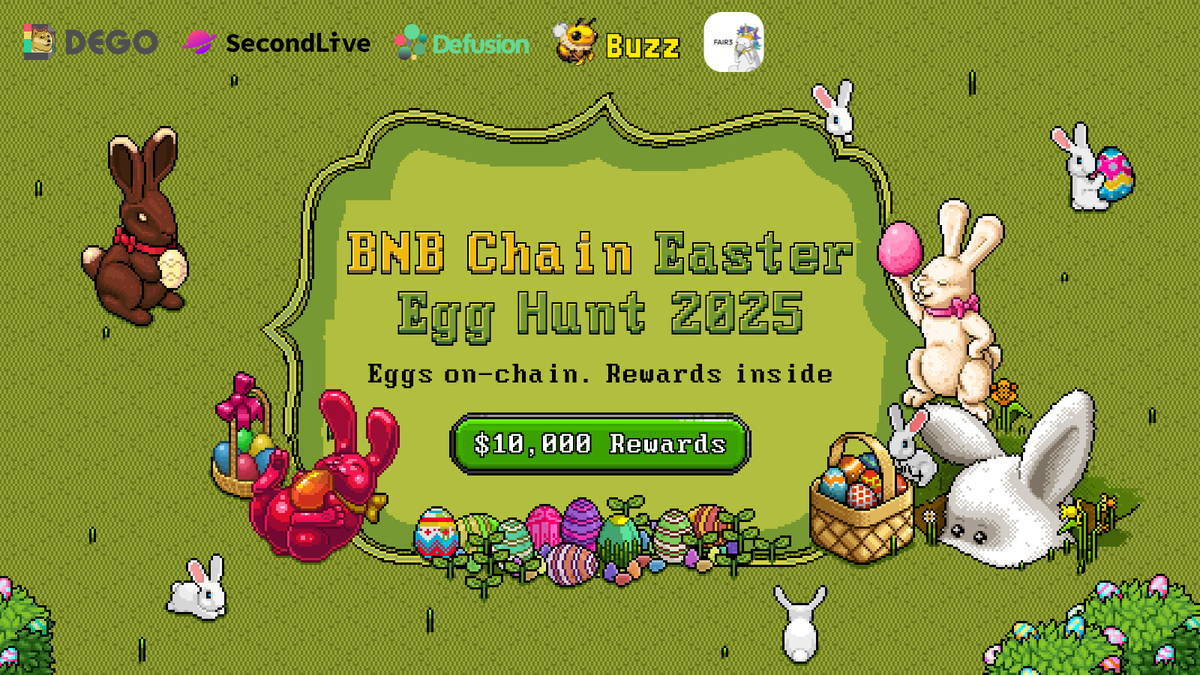DEGO (@dego_finance) on Twitter photo DEGO ร BNB Chain | Easter Egg Hunt 2025
April 15 โ 27 | $10,000 prize pool
Complete quests, crack your egg, and win rewards from top BNB Chain projects:
<a href="/Fair3_community/">FAIR3 Community</a>, <a href="/SecondLiveReal/">SecondLive</a>, <a href="/dego_finance/">DEGO</a>, <a href="/BuzzWeb3_/">Buzz๐</a> and <a href="/Defusion_ai/">DeFusion</a>.
๐ฅQuest period: Apr 15โ20 (UTC) on QuestN DEGO ร BNB Chain | Easter Egg Hunt 2025
April 15 โ 27 | $10,000 prize pool
Complete quests, crack your egg, and win rewards from top BNB Chain projects:
<a href="/Fair3_community/">FAIR3 Community</a>, <a href="/SecondLiveReal/">SecondLive</a>, <a href="/dego_finance/">DEGO</a>, <a href="/BuzzWeb3_/">Buzz๐</a> and <a href="/Defusion_ai/">DeFusion</a>.
๐ฅQuest period: Apr 15โ20 (UTC) on QuestN