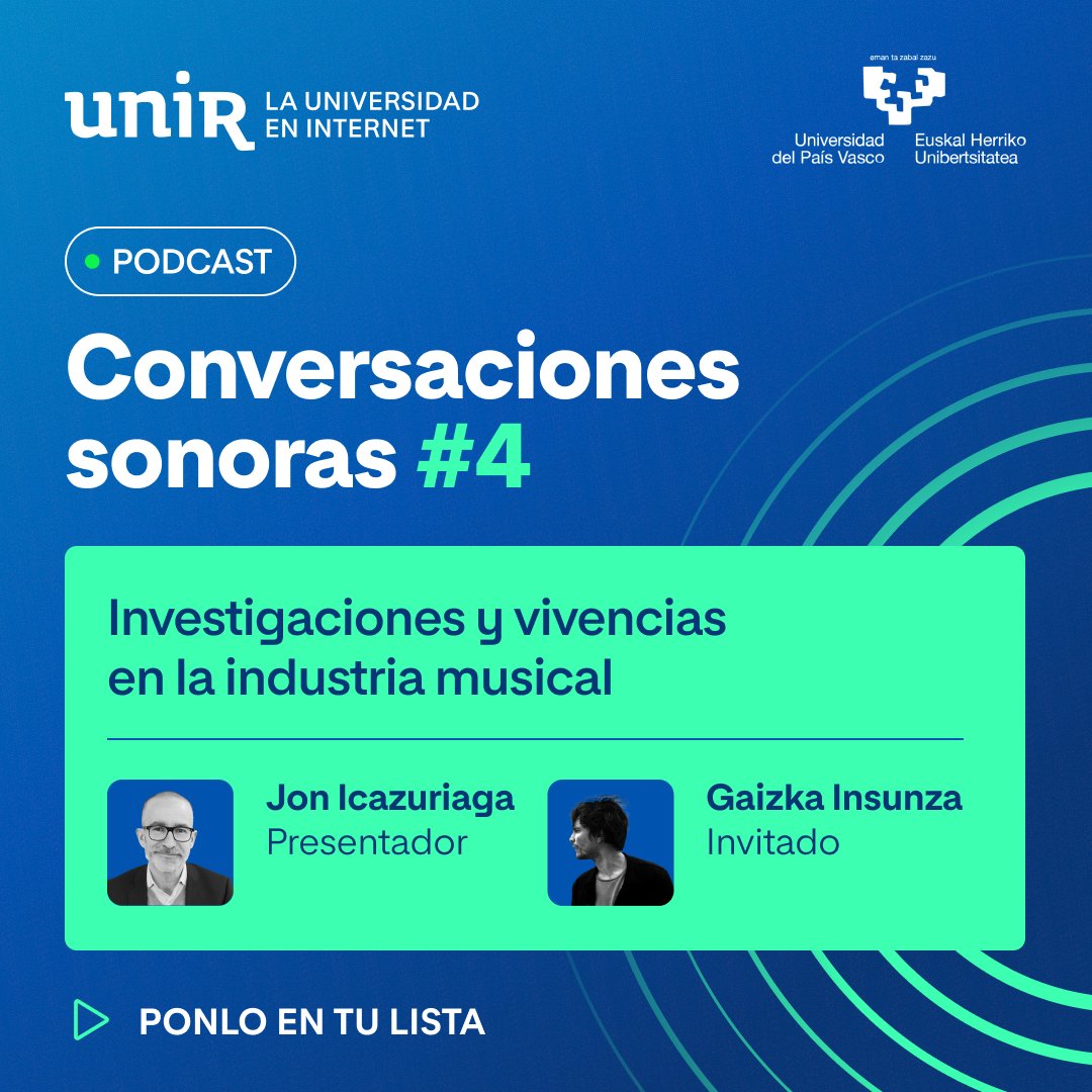 🎵 Cuando música e investigación se cruzan… surgen ideas brillantes. Gaizka Insunza <a href="/Gaizkaudience/">Gaizka Insunza Aranc</a> es el nuevo invitado de #ConversacionesSonoras.

🔊 Ya en Spotify y YouTube 👉 ow.ly/XxSQ50VySl9

Con Jon Icazurriaga (UNIR), hablamos de:
📀 Innovación discográfica
😷 Covid