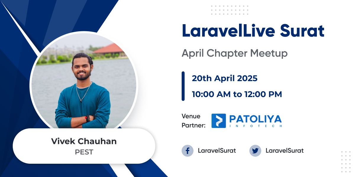 LaravelSurat's tweet image. Hey Artisans! 🙌
📢 Announcing Speaker for #LaravelLiveSurat April-25 Chapter.
@wiwek__chauhan will be diving into "PEST".
📍 Venue: @PatoliyaTech
📅 Date: 20th April
🎟️ Grab your tickets now: bit.ly/LSC-April-25
@LaraconIN @laravelphp
#LaravelSurat #LaraconIN #PEST