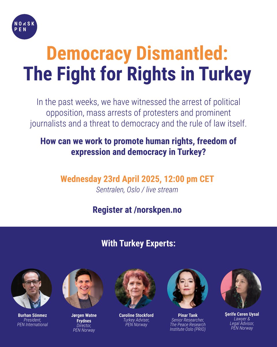 Velkommen til lunsjarrangement og rapportlansering, med siste nytt om situasjonen for ytringsfrihet og demokrati i #Tyrkia:
⏰Tid: Onsdag 23. april, kl. 12.00
📍Sted: Sentralen, Oslo / strømmes
🗣️ Språk: Engelsk

PÅMELDING &amp; MER INFORMASJON: norskpen.no/events/turkey-…
