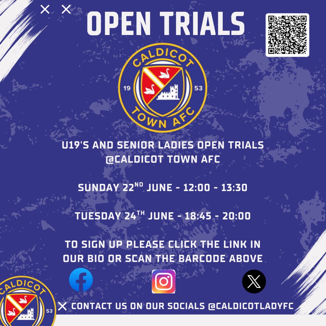 🚨 Open Trials 🚨

We are holding open trials for anyone who wants to join our teams ahead of the 25/26 season.

Trials will be held at Caldicot Town AFC on the 22nd and 24th June. 

Please contact us on our socials as well as signing up using the link or the barcode.
#UppaTown🔵
