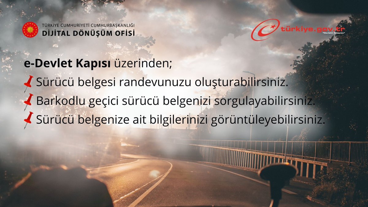 e-Devlet Kapısı (@ekapi) on Twitter photo Sürücü belgesi işlemlerinizi e-Devlet Kapısı üzerinden gerçekleştirebilirsiniz.
👉 <a href="/TC_icisleri/">T.C. İçişleri Bakanlığı</a> <a href="/TCNufus/">Nüfus ve Vatandaşlık İşleri Genel Müdürlüğü</a> <a href="/dijital/">Dijital</a>
🔗 ddo.link/surucu-belgesi
🔗 ddo.link/gecici-surucu-…
🔗 ddo.link/surucu-belgesi…
#DijitalTR #edevlet Sürücü belgesi işlemlerinizi e-Devlet Kapısı üzerinden gerçekleştirebilirsiniz.
👉 <a href="/TC_icisleri/">T.C. İçişleri Bakanlığı</a> <a href="/TCNufus/">Nüfus ve Vatandaşlık İşleri Genel Müdürlüğü</a> <a href="/dijital/">Dijital</a>
🔗 ddo.link/surucu-belgesi
🔗 ddo.link/gecici-surucu-…
🔗 ddo.link/surucu-belgesi…
#DijitalTR #edevlet