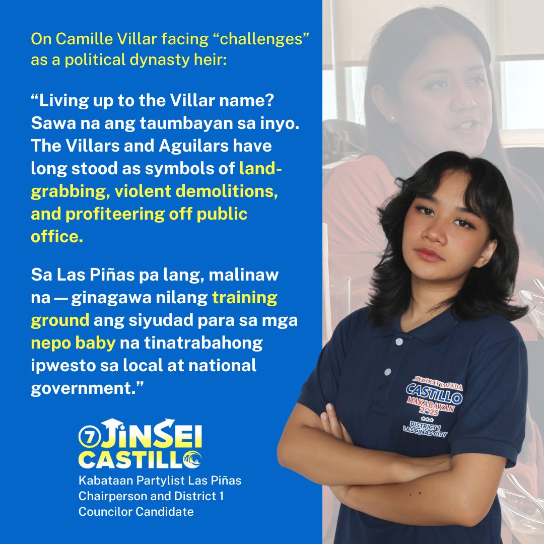 Enough with the Villars and Aguilars! Let's put an end to political dynasties ⚔️

Ang kapangyarihan ay nasa mamamayan! Simulan natin ang alternatibong pulitika ng pagbabago at pag-asa 🫶

#7JinseiCastillo
#4Kabataan